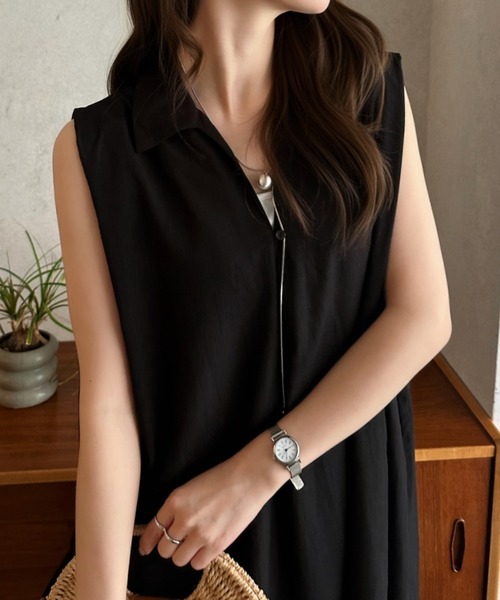 Eclat one（エクラワン）の「【Eclat one】スキッパー ノースリーブ ロング ワンピース（ワンピース・レディース・ブラック/ライトベージュ/モカ・FREE）」の8枚目の写真