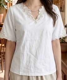 刺繍カットソー 五分袖 5分袖 コード刺繍 ネックデザイン プルオーバー Tシャツ風 サマーニット調 きれいめ 上品 トップス 夏