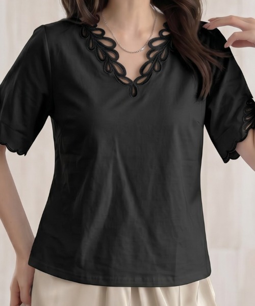 umune(ウムネ)の「刺繍カットソー 五分袖 5分袖 コード刺繍 ネックデザイン プルオーバー Tシャツ風 サマーニット調 きれいめ 上品 トップス 夏(Tシャツ/カットソー・レディース・ブラウン/オフホワイト/ブラック・FREE)」の8枚目の写真