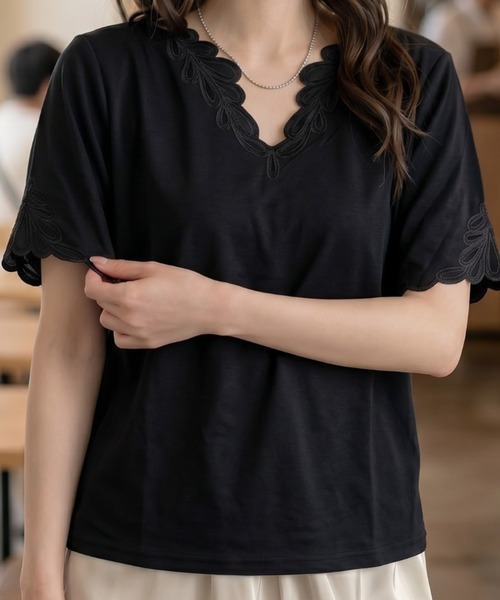 umune(ウムネ)の「刺繍カットソー 五分袖 5分袖 コード刺繍 ネックデザイン プルオーバー Tシャツ風 サマーニット調 きれいめ 上品 トップス 夏(Tシャツ/カットソー・レディース・ブラウン/オフホワイト/ブラック・FREE)」の9枚目の写真