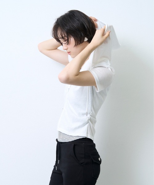 NUJOH(ヌゾ)の「Hooded Double Zip Layered Top / フーディーダブルジップレイヤードトップ(パーカー・レディース・アイボリー/グレー・FREE)」の5枚目の写真