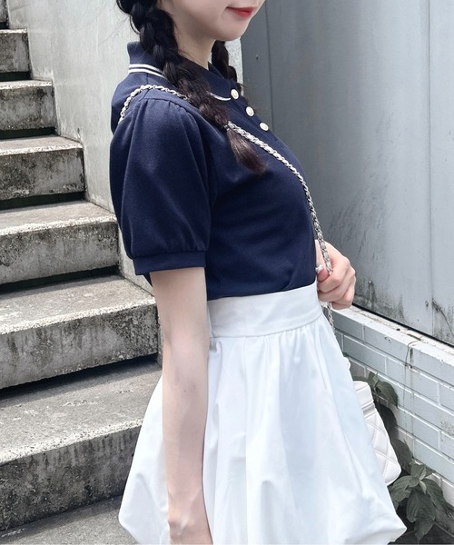 INGNI(イング)の「金ボタン胸ロゴポロトップス(ポロシャツ・レディース・ブラック×ホワイト/ネイビー系/ホワイト×ネイビー/ピンク系7・M)」の19枚目の写真