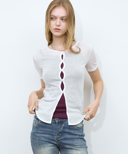 Rohwel（ローウェル）の「Sheer Front Hole Tops / シアーフロントホールトップス（Tシャツ/カットソー・レディース・ブラック/ホワイト/グレー・FREE）」の2枚目の写真