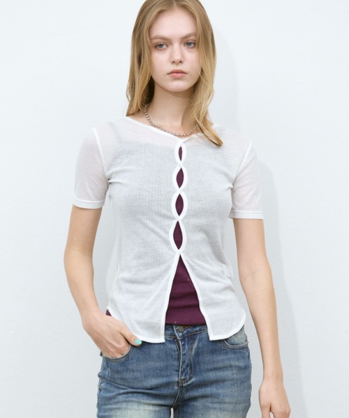 Rohwel（ローウェル）の「Sheer Front Hole Tops / シアーフロントホールトップス（Tシャツ/カットソー・レディース・ブラック/ホワイト/グレー・FREE）」の19枚目の写真
