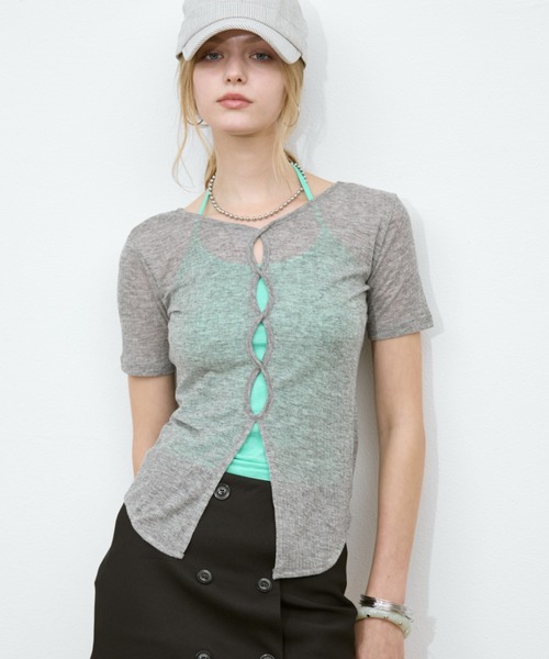 Rohwel（ローウェル）の「Sheer Front Hole Tops / シアーフロントホールトップス（Tシャツ/カットソー・レディース・ブラック/ホワイト/グレー・FREE）」の15枚目の写真