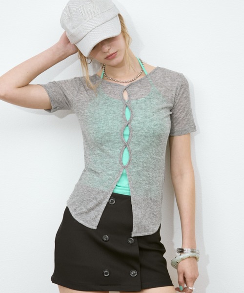 Rohwel（ローウェル）の「Sheer Front Hole Tops / シアーフロントホールトップス（Tシャツ/カットソー・レディース・ブラック/ホワイト/グレー・FREE）」の14枚目の写真