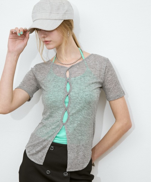 Rohwel（ローウェル）の「Sheer Front Hole Tops / シアーフロントホールトップス（Tシャツ/カットソー・レディース・ブラック/ホワイト/グレー・FREE）」の6枚目の写真