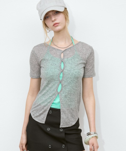 Rohwel（ローウェル）の「Sheer Front Hole Tops / シアーフロントホールトップス（Tシャツ/カットソー・レディース・ブラック/ホワイト/グレー・FREE）」の9枚目の写真