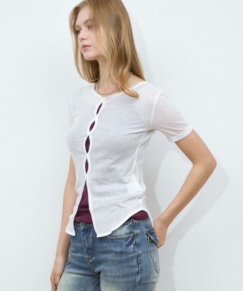 Rohwel（ローウェル）の「Sheer Front Hole Tops / シアーフロントホールトップス（Tシャツ/カットソー・レディース・ブラック/ホワイト/グレー・FREE）」の21枚目の写真