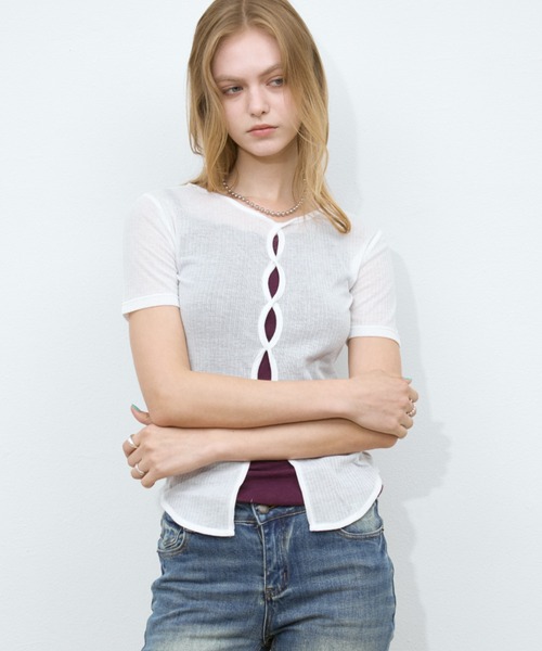 Rohwel（ローウェル）の「Sheer Front Hole Tops / シアーフロントホールトップス（Tシャツ/カットソー・レディース・ブラック/ホワイト/グレー・FREE）」の18枚目の写真