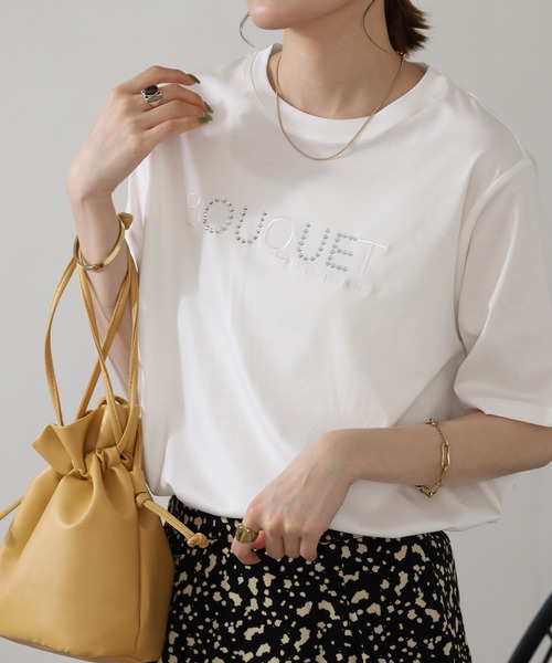 BRODIAEA(ブローディア)の「BRODIAEA ロゴラインストーン半袖Tシャツ(Tシャツ/カットソー・レディース・ピンク/ブラック/オフホワイト・40)」の1枚目の写真