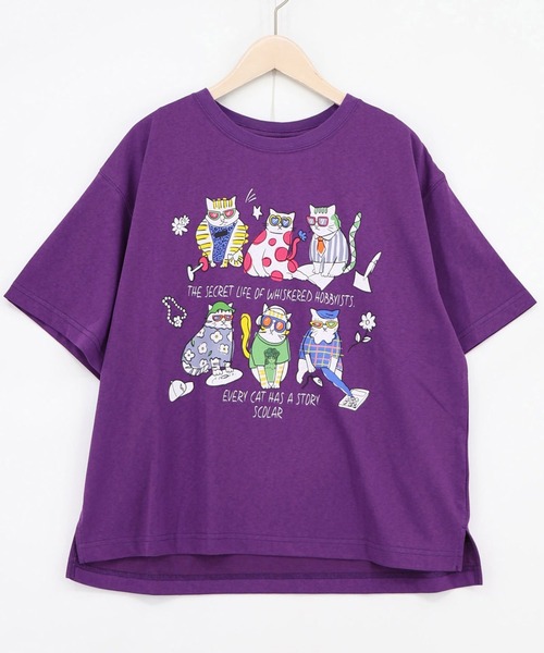 ScoLar（スカラー）の「ScoLar(スカラー) おしゃれネコ柄 接触冷感Tシャツ（Tシャツ/カットソー・レディース・パープル/オフホワイト/ブラック/ブラウン・MEDIUM）」の4枚目の写真