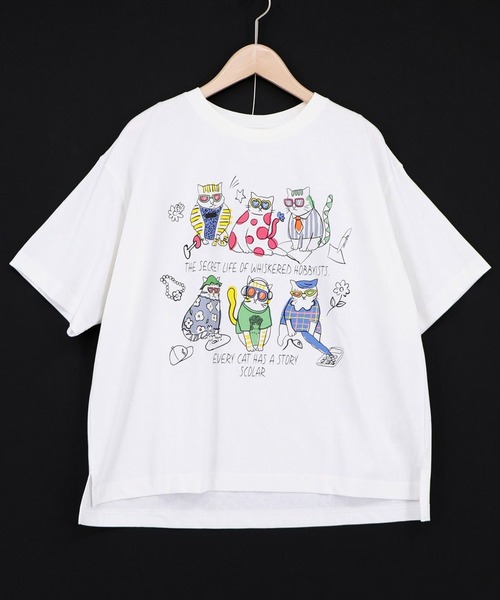 ScoLar（スカラー）の「ScoLar(スカラー) おしゃれネコ柄 接触冷感Tシャツ（Tシャツ/カットソー・レディース・パープル/オフホワイト/ブラック/ブラウン・MEDIUM）」の12枚目の写真
