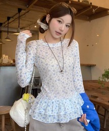 【秋冬新作】2色展開小花柄シアーフリルレイヤードトップス