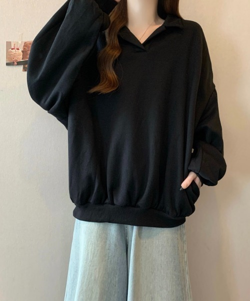 LUCPY(ラクピー)の「スキッパーカラー オーバーサイズスウェットプルオーバー(その他トップス・レディース・ブラック/グレー・MEDIUM/LARGE/X-LARGE)」の1枚目の写真
