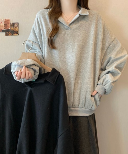LUCPY(ラクピー)の「スキッパーカラー オーバーサイズスウェットプルオーバー(その他トップス・レディース・ブラック/グレー・MEDIUM/LARGE/X-LARGE)」の3枚目の写真