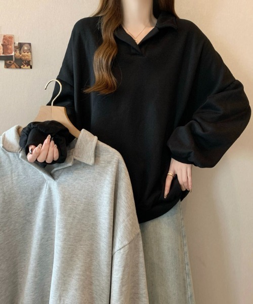 LUCPY(ラクピー)の「スキッパーカラー オーバーサイズスウェットプルオーバー(その他トップス・レディース・ブラック/グレー・MEDIUM/LARGE/X-LARGE)」の4枚目の写真
