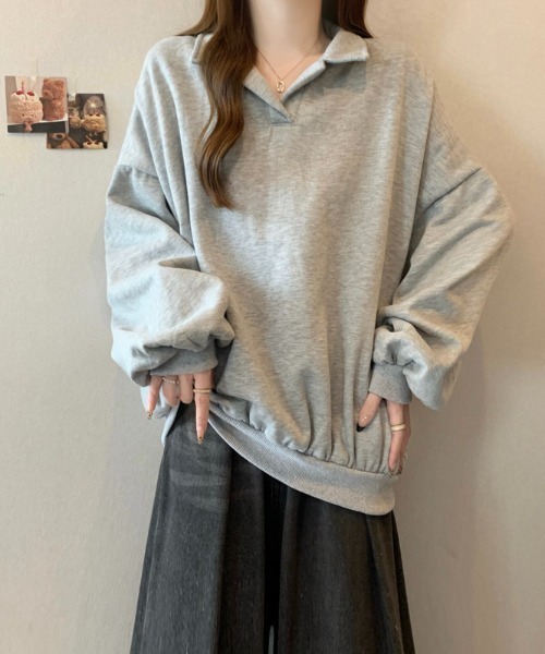 LUCPY(ラクピー)の「スキッパーカラー オーバーサイズスウェットプルオーバー(その他トップス・レディース・ブラック/グレー・MEDIUM/LARGE/X-LARGE)」の5枚目の写真