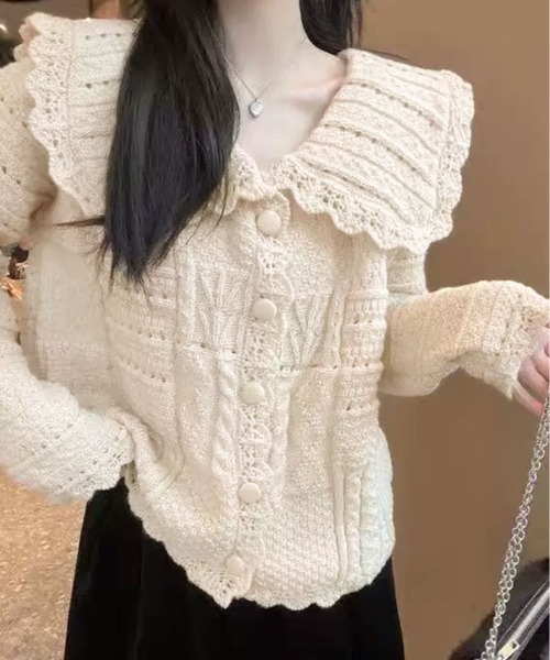 kirakiraShop(キラキラショップ)の「ビッグカラー 透かし編み ニット カーディガン》(カーディガン/ボレロ・レディース・ベージュ/オフホワイト/ピンク・FREE)」の1枚目の写真