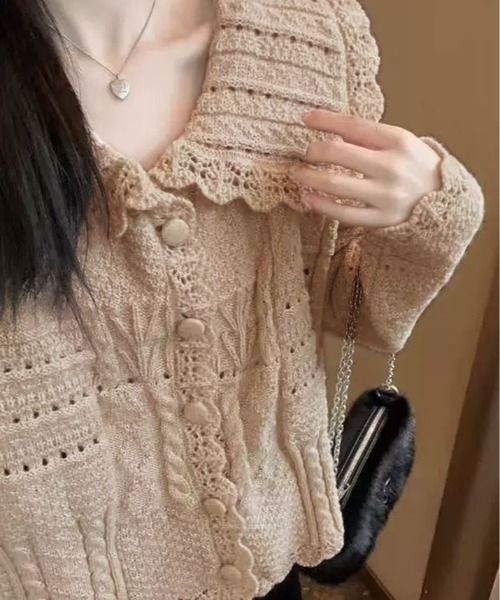kirakiraShop(キラキラショップ)の「ビッグカラー 透かし編み ニット カーディガン》(カーディガン/ボレロ・レディース・ベージュ/オフホワイト/ピンク・FREE)」の10枚目の写真