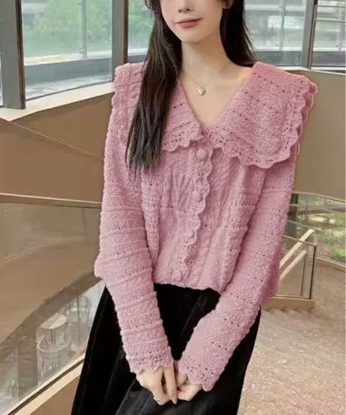 kirakiraShop(キラキラショップ)の「ビッグカラー 透かし編み ニット カーディガン》(カーディガン/ボレロ・レディース・ベージュ/オフホワイト/ピンク・FREE)」の13枚目の写真
