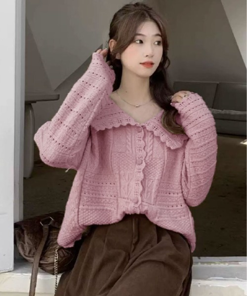 kirakiraShop(キラキラショップ)の「ビッグカラー 透かし編み ニット カーディガン》(カーディガン/ボレロ・レディース・ベージュ/オフホワイト/ピンク・FREE)」の15枚目の写真