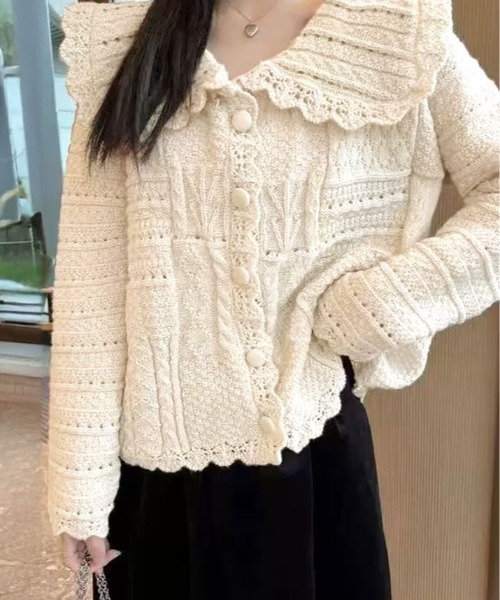 kirakiraShop(キラキラショップ)の「ビッグカラー 透かし編み ニット カーディガン》(カーディガン/ボレロ・レディース・ベージュ/オフホワイト/ピンク・FREE)」の8枚目の写真