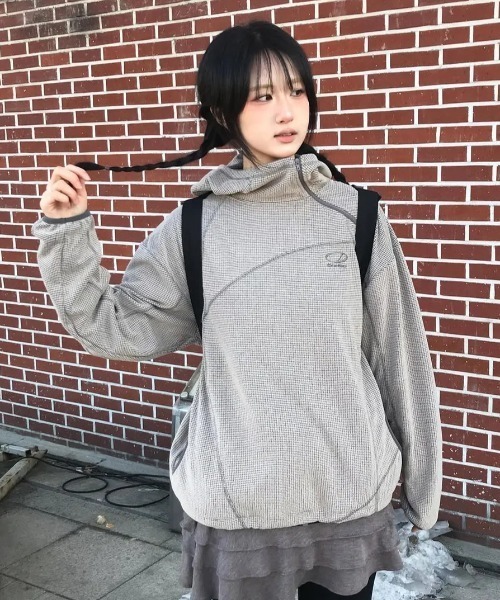 ODD STUDIO(オッドスタジオ)の「◇ODDSTUDIO◇ブランド直輸入正規品/ワッフル・カバーステッチ・フードTシャツ Waffle Cover Stitch Hood T-shirt(Tシャツ/カットソー・レディース・ブラウン/ベージュ・M)」の1枚目の写真