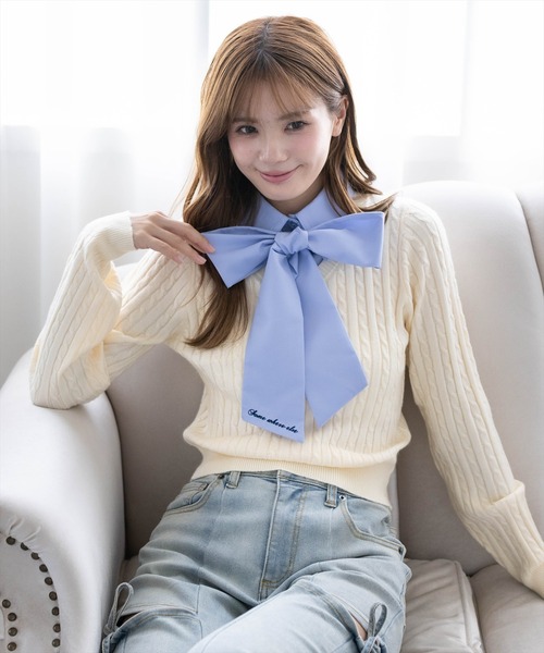 clear（クリア）の「刺繍入りボウタイリボンドッキングニットトップス［骨格ウェーブ／フェミニン／クラシカル］（ニット/セーター・レディース・ネイビー/グレー/アイボリー・F）」の2枚目の写真