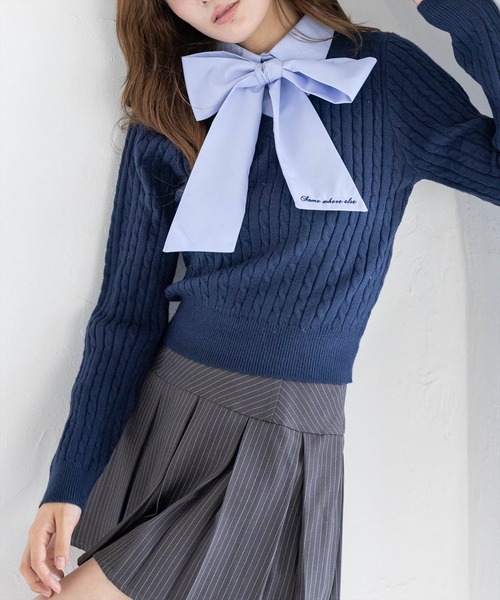 clear（クリア）の「刺繍入りボウタイリボンドッキングニットトップス［骨格ウェーブ／フェミニン／クラシカル］（ニット/セーター・レディース・ネイビー/グレー/アイボリー・F）」の4枚目の写真