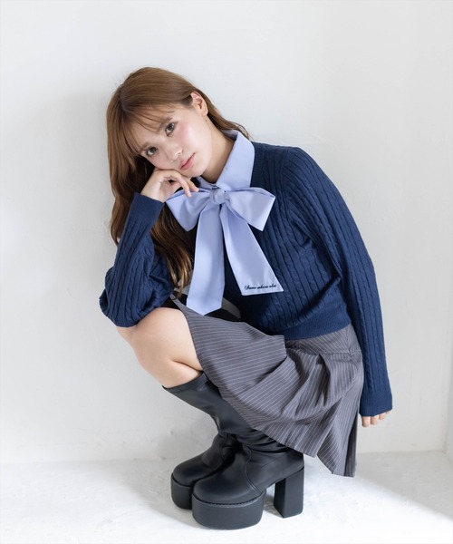 clear（クリア）の「刺繍入りボウタイリボンドッキングニットトップス［骨格ウェーブ／フェミニン／クラシカル］（ニット/セーター・レディース・ネイビー/グレー/アイボリー・F）」の8枚目の写真