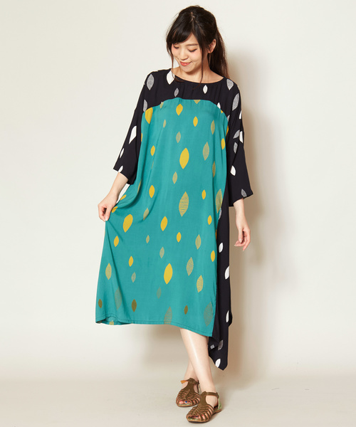 チャイハネ（チャイハネ）の「【チャイハネ】yul 和モダンプリントアシンメトリーヘムワンピース（ワンピース・レディース・ネイビー/イエロー/ホワイト/レッド/ブラック/グレー/パープル・FREE）」の3枚目の写真