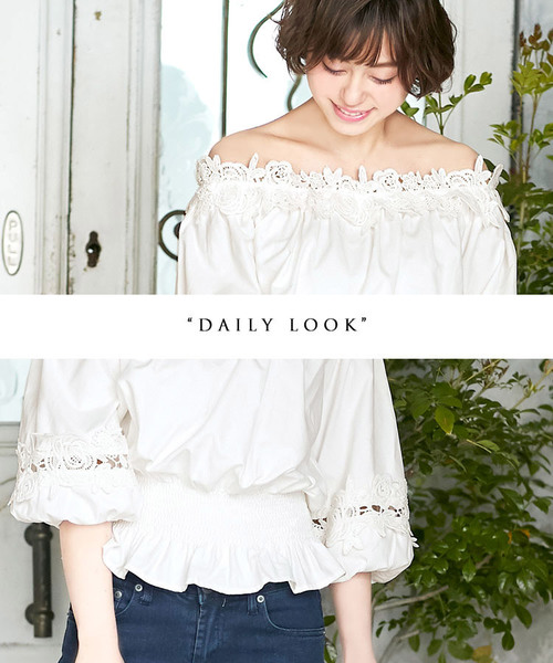 KOBE LETTUCE（コウベレタス）の「オフショルダー⇔Uネックの2WAY★胸元レースオフショルブラウス/レディーストップス[C3173]神戸レタス（シャツ/ブラウス・レディース・パープル/サックスブルー/ブラック/オフホワイト・FREE）」の8枚目の写真