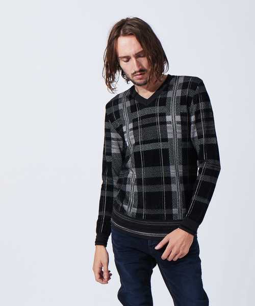 5351 POUR LES HOMMES（ゴーサンゴーイチプールオム）の「ライトタータンニット（ニット/セーター・メンズ・ホワイト/ブラック/ボルドー・44/50/48/46）」の2枚目の写真