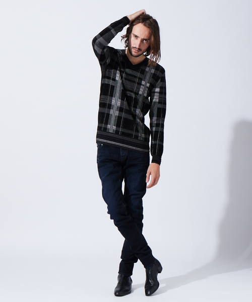 5351 POUR LES HOMMES（ゴーサンゴーイチプールオム）の「ライトタータンニット（ニット/セーター・メンズ・ホワイト/ブラック/ボルドー・44/50/48/46）」の4枚目の写真