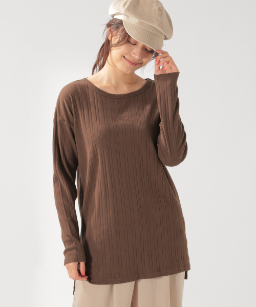 BAYFLOW(ベイフロー)の「リブロングTシャツ(Tシャツ/カットソー・レディース・ブラック/ベージュ/ブラウン/オフホワイト・SMALL/MEDIUM)」の1枚目の写真