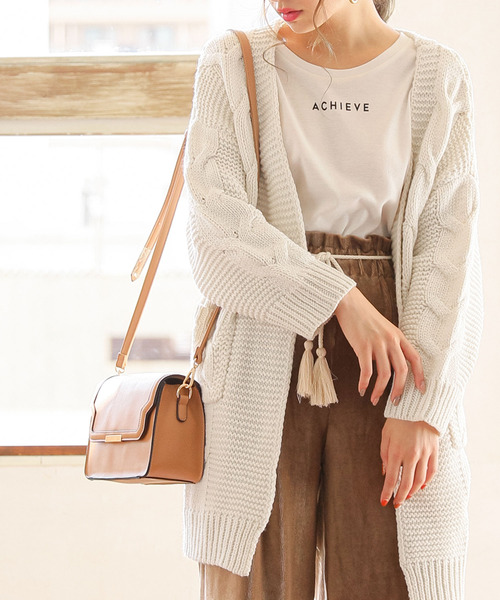 夢展望(ユメテンボウ)の「ざっくりケーブルニットロングカーデ(カーディガン)」|オフホワイト