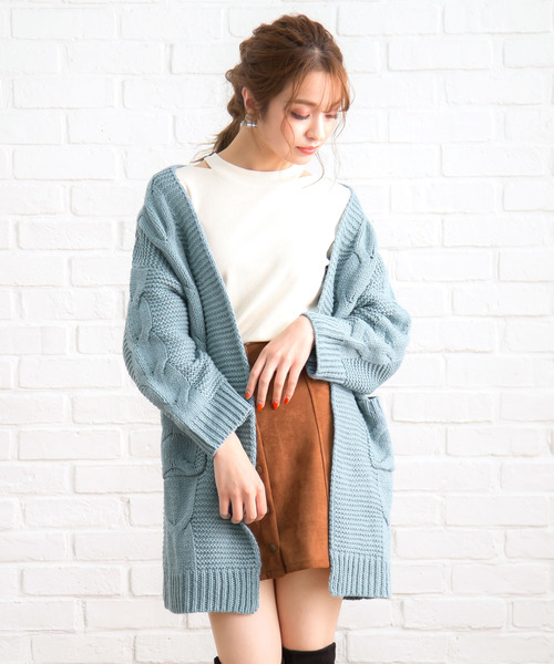 夢展望(ユメテンボウ)の「ざっくりケーブルニットロングカーデ(カーディガン)」|ブルー
