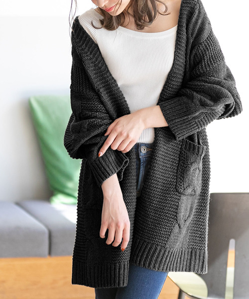 夢展望(ユメテンボウ)の「ざっくりケーブルニットロングカーデ(カーディガン)」|ブラック
