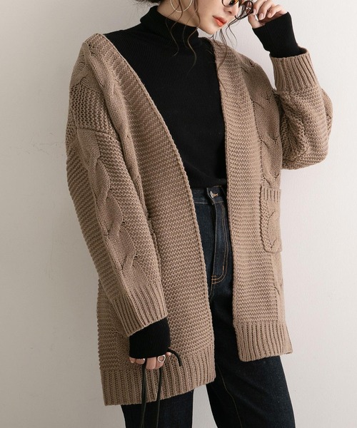 夢展望(ユメテンボウ)の「ざっくりケーブルニットロングカーデ(カーディガン)」|モカ