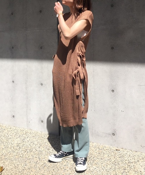 minius（ミニウス）の「麻タッチロングベスト/レディース  半袖  レイヤード（ベスト・レディース・モカ/ブラック/アイボリー・MEDIUM）」の3枚目の写真