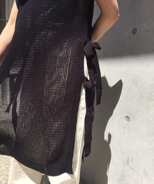 minius（ミニウス）の「麻タッチロングベスト/レディース  半袖  レイヤード（ベスト・レディース・モカ/ブラック/アイボリー・MEDIUM）」の6枚目の写真