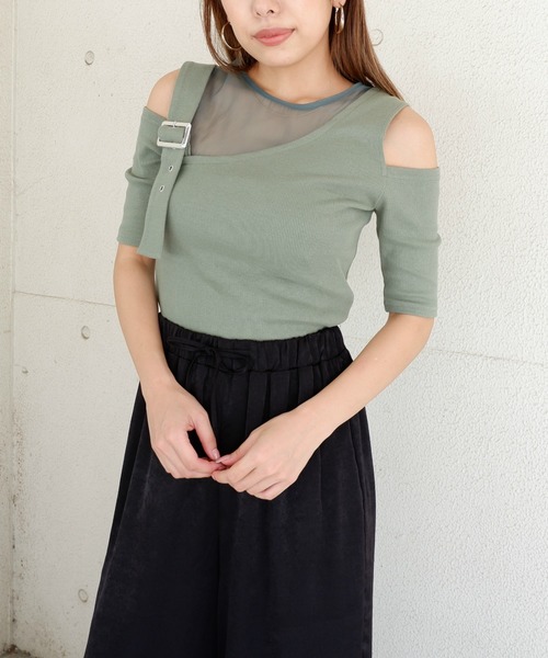 SPIRALGIRL（スパイラルガール）の「アシンメトリーシースルートップス（Tシャツ/カットソー・レディース・グリーン/ブラウン/ブラック・FREE）」の3枚目の写真