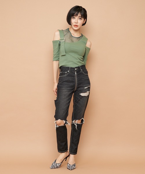 SPIRALGIRL（スパイラルガール）の「アシンメトリーシースルートップス（Tシャツ/カットソー・レディース・グリーン/ブラウン/ブラック・FREE）」の5枚目の写真