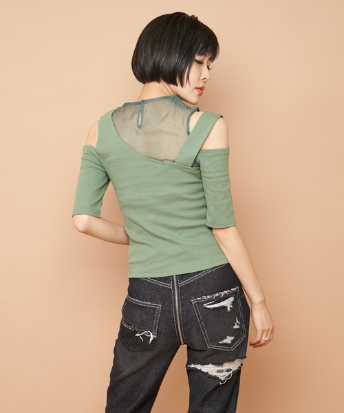 SPIRALGIRL（スパイラルガール）の「アシンメトリーシースルートップス（Tシャツ/カットソー・レディース・グリーン/ブラウン/ブラック・FREE）」の6枚目の写真