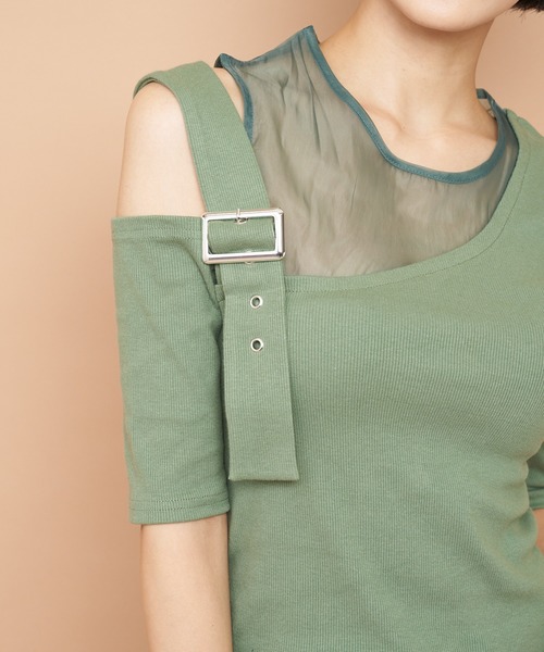 SPIRALGIRL（スパイラルガール）の「アシンメトリーシースルートップス（Tシャツ/カットソー・レディース・グリーン/ブラウン/ブラック・FREE）」の7枚目の写真