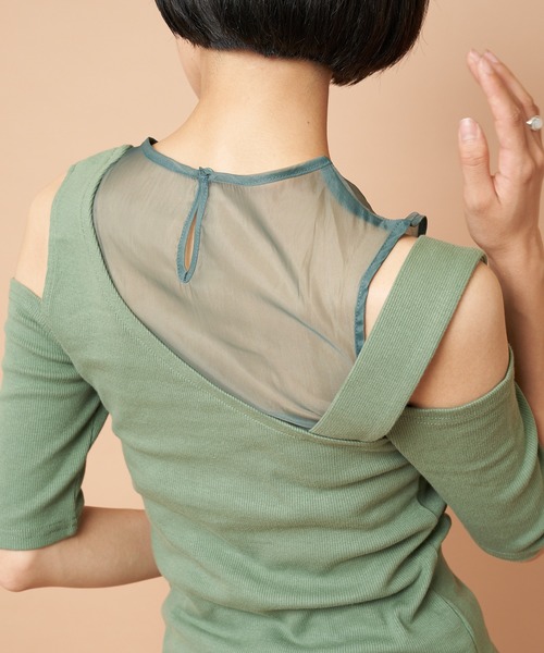 SPIRALGIRL（スパイラルガール）の「アシンメトリーシースルートップス（Tシャツ/カットソー・レディース・グリーン/ブラウン/ブラック・FREE）」の8枚目の写真