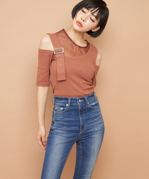 SPIRALGIRL（スパイラルガール）の「アシンメトリーシースルートップス（Tシャツ/カットソー・レディース・グリーン/ブラウン/ブラック・FREE）」の11枚目の写真