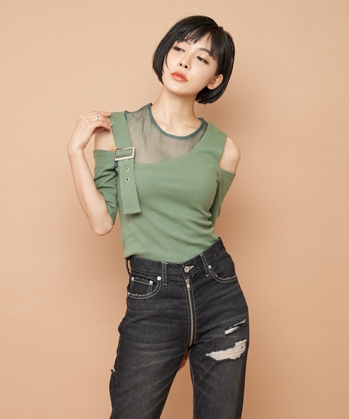 SPIRALGIRL（スパイラルガール）の「アシンメトリーシースルートップス（Tシャツ/カットソー・レディース・グリーン/ブラウン/ブラック・FREE）」の12枚目の写真