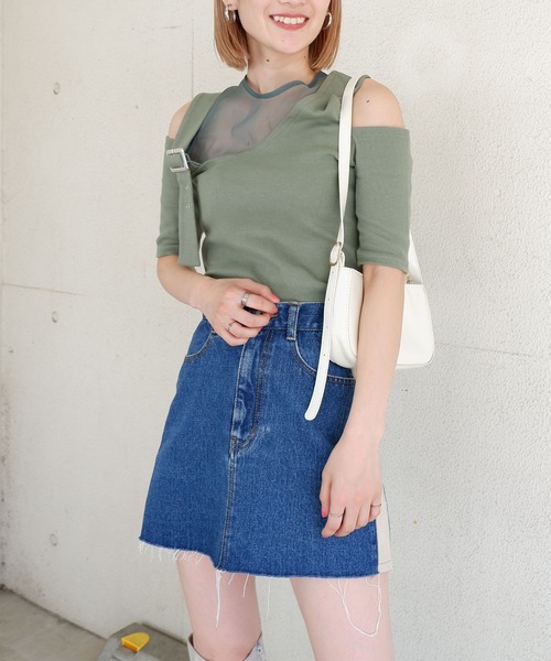 SPIRALGIRL（スパイラルガール）の「アシンメトリーシースルートップス（Tシャツ/カットソー・レディース・グリーン/ブラウン/ブラック・FREE）」の14枚目の写真